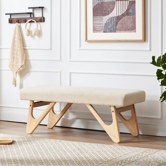 Zesthouse 48.8″ Linen Upholstered Bench for Bedroom End of Bed, Mid-Century Modern Entryway Bench with Padded Seat, Natural Boomerang Legs, Indoor and Hallway, Beige