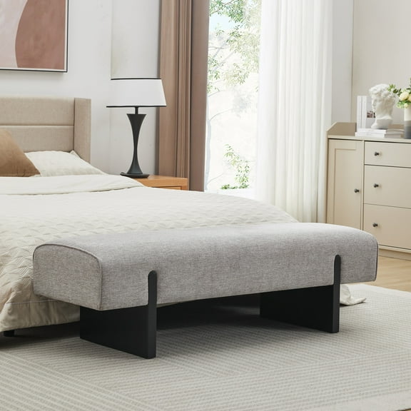Zesthouse 55.1" Upholstered Bench, Modern Linen Ottoman Bench with Wooden Legs, Entryway Bench for Bedroom Living Room, Gray