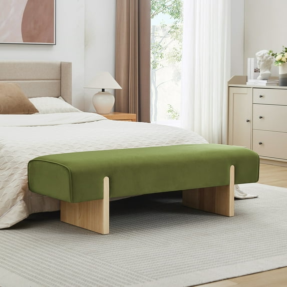 Zesthouse 55.1" Upholstered Bench, Modern Velvet Ottoman Bench with Wooden Legs, Entryway Bench for Bedroom Living Room, Green