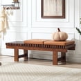 thumbnail image 1 of Zesthouse 59.4" Slatted Wooden Entryway Bench, Farmhouse Wooden Shoe Bench with 2 Faux Leather Seat Cushions, Walnut Finish Solid Wood Legs, Indoor End of Bed Stool for Hallway, Living Room, Brown, 1 of 9