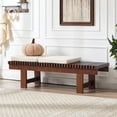 thumbnail image 1 of Zesthouse 59.4" Slatted Wooden Entryway Bench, Farmhouse Wooden Shoe Bench with 2 Linen Seat Cushions, Walnut Finish Solid Wood Legs, Indoor End of Bed Stool for Hallway, Living Room, Beige, 1 of 9