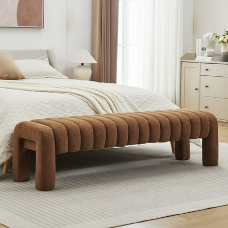 Zesthouse 63″ End of Bed Bench, Boucle Tufted Upholstered Ottoman Bench with Padded Seat and Solid Wood Leg, Modern Entryway Bench for Bedroom, Living Room,Brown