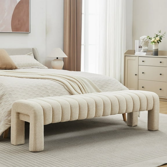 Zesthouse 63″ End of Bed Bench, Linen Tufted Upholstered Ottoman Bench with Padded Seat and Solid Wood Leg, Modern Entryway Bench for Bedroom, Living Room, Beige