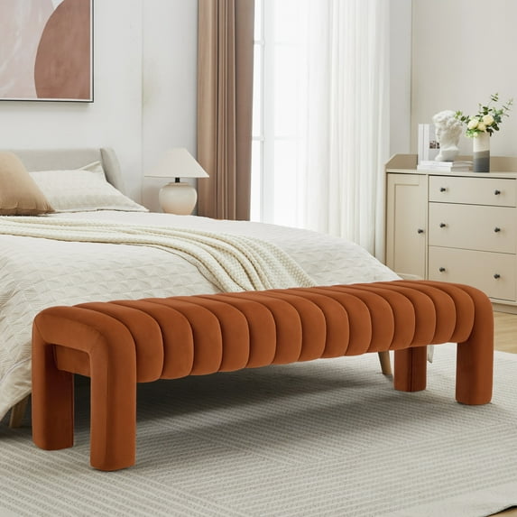 Zesthouse 63″ End of Bed Bench, Velvet Tufted Upholstered Ottoman Bench with Padded Seat and Solid Wood Leg, Modern Entryway Bench for Bedroom, Living Room, Brown