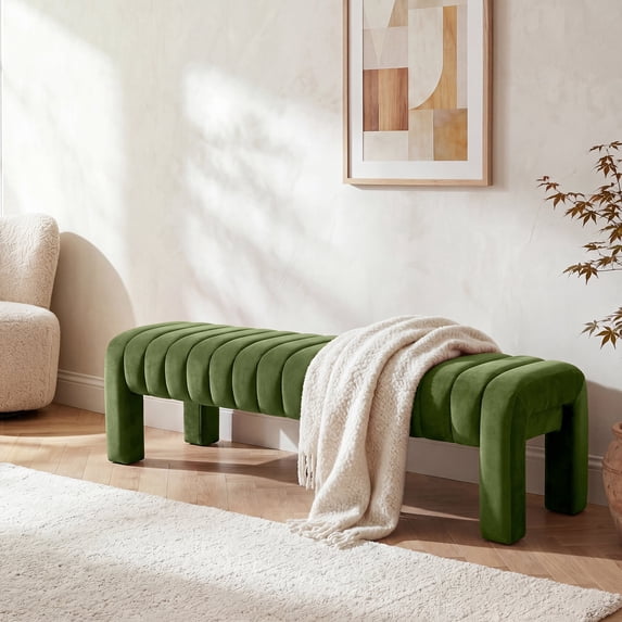 Zesthouse 63″ End of Bed Bench, Velvet Tufted Upholstered Ottoman Bench with Padded Seat and Solid Wood Leg, Modern Entryway Bench for Bedroom, Living Room,Green