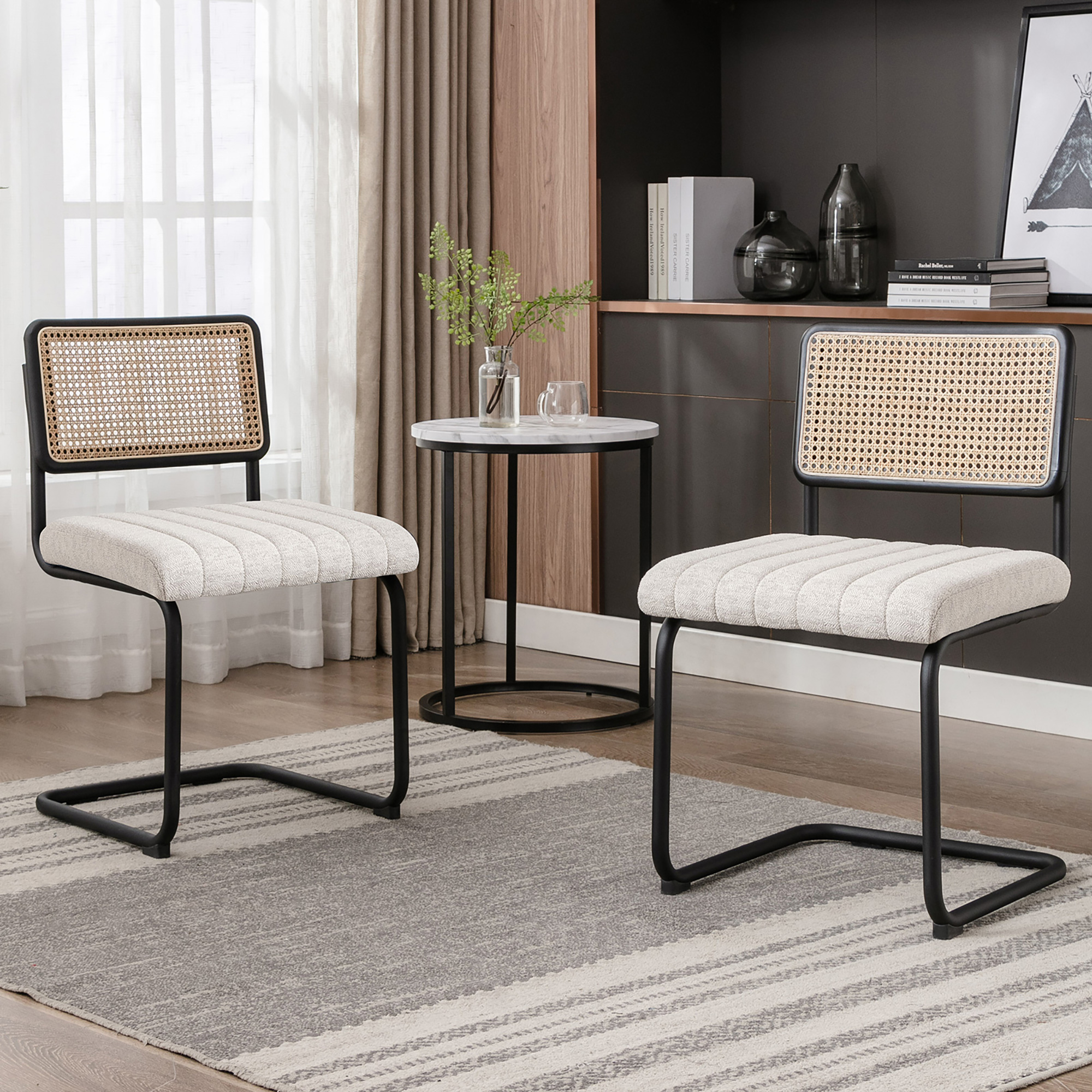 Zesthouse Beige Linen Dining Chairs Set of 2, Rattan Upholstered Kitchen Chairs with Cane Back and Black Metal Legs, Mid-Century Modern Side Chair for Dining Living Room - image 1 of 13