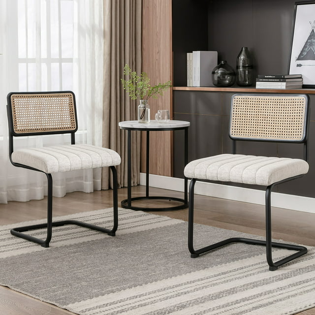 Zesthouse Beige Linen Dining Chairs Set of 2, Rattan Upholstered Kitchen Chairs with Cane Back and Black Metal Legs, Mid-Century Modern Side Chair for Dining Living Room