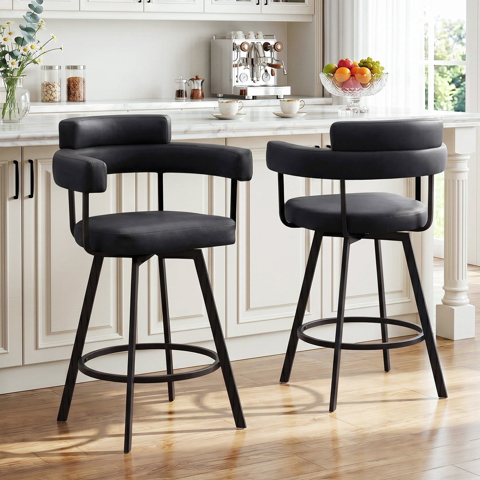 Zesthouse 26" Counter Height Swivel Barstools, Faux Leather Upholstered Bar Stools Set of 2, Armrests, Metal Base, Black