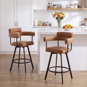 Zesthouse 26 Counter Height Swivel Barstools, Faux Leather Upholstered Bar Stools Set of 2, Armrests, Metal Base, Brown