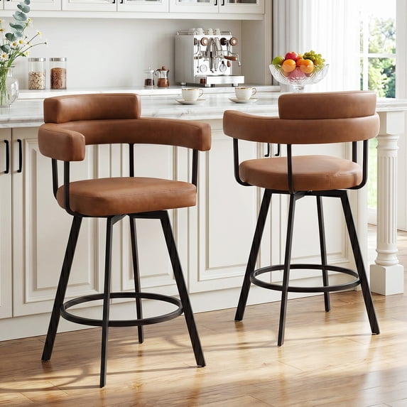 Zesthouse 26" Counter Height Swivel Barstools, Faux Leather Upholstered Bar Stools Set of 2, Armrests, Metal Base, Brown