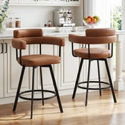 Zesthouse 26 Counter Height Swivel Barstools, Faux Leather Upholstered Bar Stools Set of 2, Armrests, Metal Base, Brown