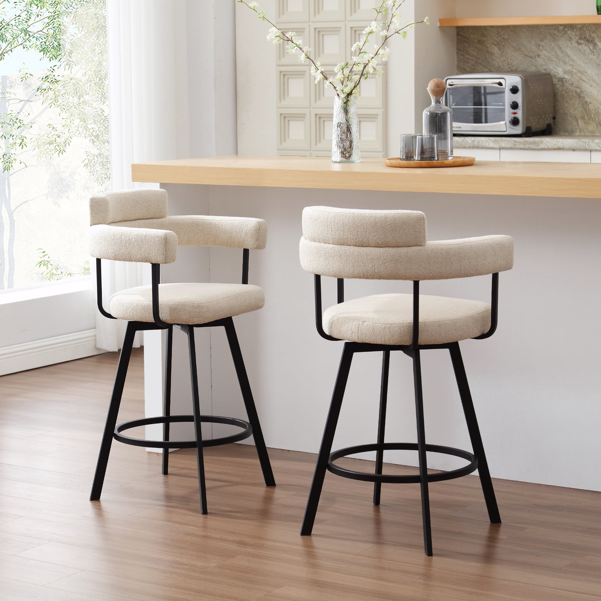 Set Of 2 Bar Stools – 26 Inch Swivel Chairs With Linen Upholstery, Woven Back, Black Metal Legs, Kitchen Island Height