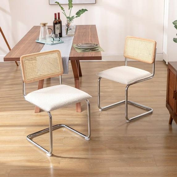Zesthouse Rattan Dining Chairs Set of 2, Boucle Upholstered Dining Side Chairs, White