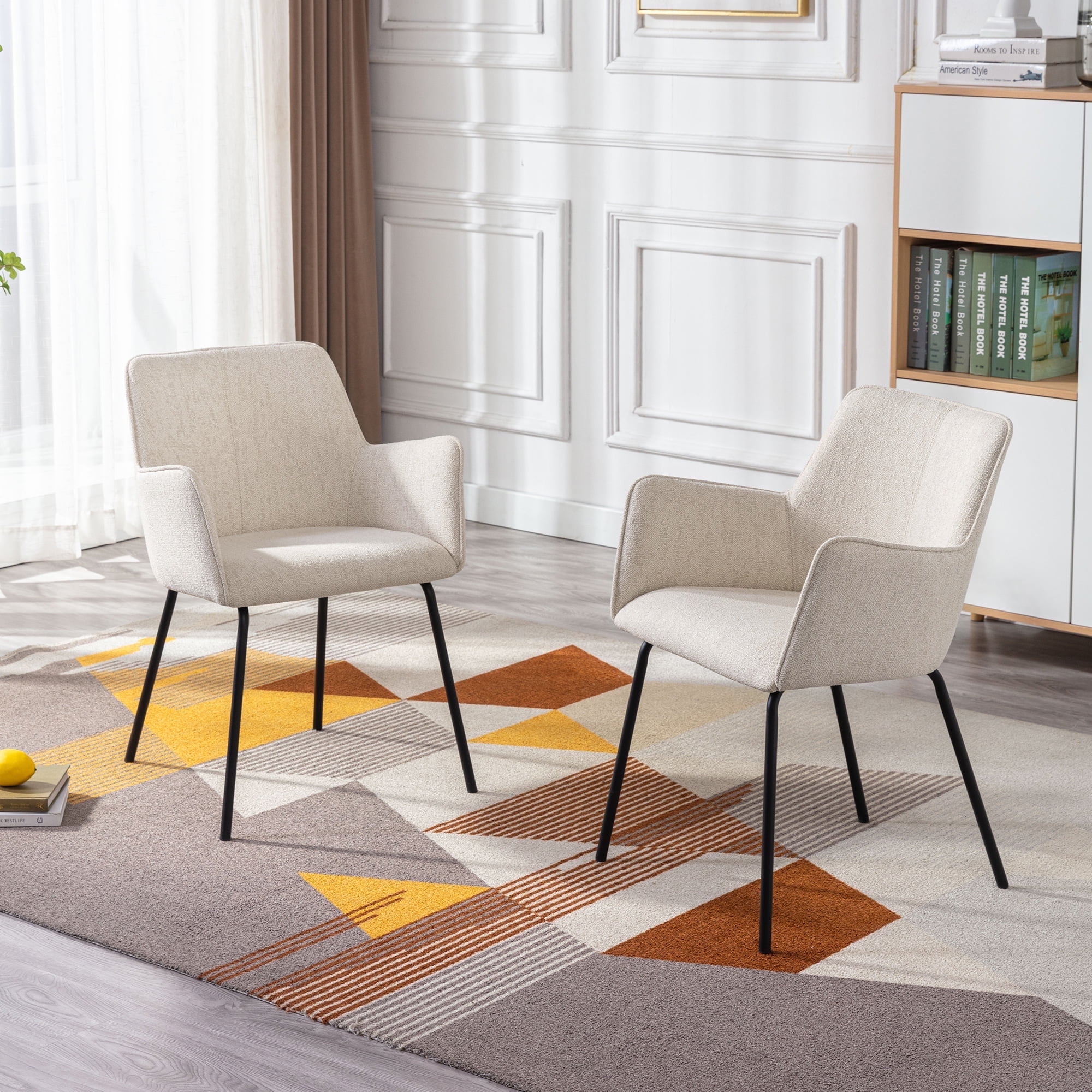 Zesthouse Linen Fabric Dining Chairs Set of 2, Modern Upholstered Small Accent Arm Chairs with Black Legs, Mid Century Comfy Chairs for Living Dining Room, Beige