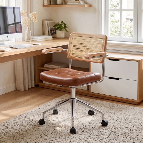 Zesthouse Mid Century Faux Leather Home Office Chair with Rattan Back, 360° Swivel Upholstered Desk Chair with Arms, Tufted Computer Task Chair for Living Room & Office Room, Brown