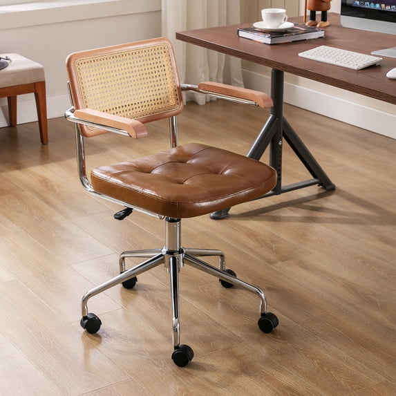 Zesthouse Mid Century Faux Leather Home Office Chair with Rattan Back, 360° Swivel Upholstered Desk Chair with Arms, Tufted Computer Task Chair for Living Room & Office Room, Brown