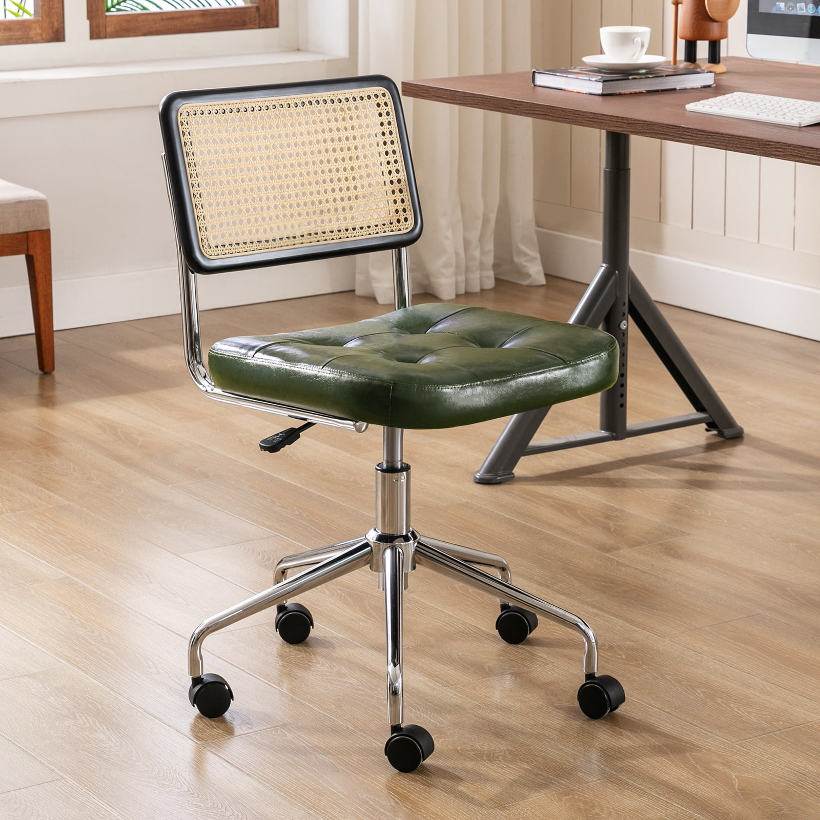 Zesthouse Mid Century Faux Leather Home Office Chair with Rattan Back 360 Swivel Upholstered Desk Chair on Wheels Tufted Computer Task Chair for