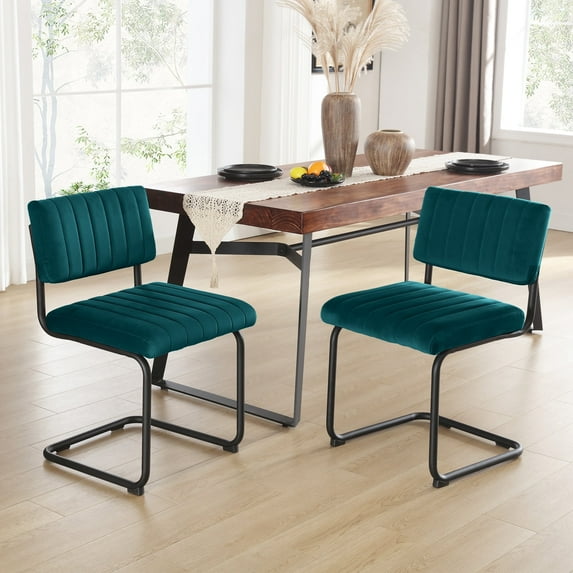 Zesthouse Mid Century Modern Dining Chairs Set of 2, Velvet Upholstered Dining Room Chairs with Metal Legs, Tufted Channel Kitchen Chairs for Dining Living Room, Teal