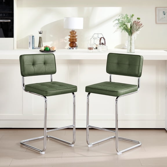Zesthouse Modern Cantilever Counter Stools Set of 2, 26" Upholstered Boho Barstools with Padded Back & Chrome Legs, Vintage Faux Leather Counter Height Chairs for Kitchen, Green