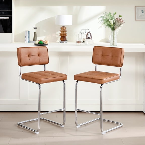 Zesthouse Modern Cantilever Counter Stools Set of 2, 26" Upholstered Boho Barstools with Padded Back & Chrome Legs, Vintage Faux Leather Counter Height Chairs for Kitchen, Brown