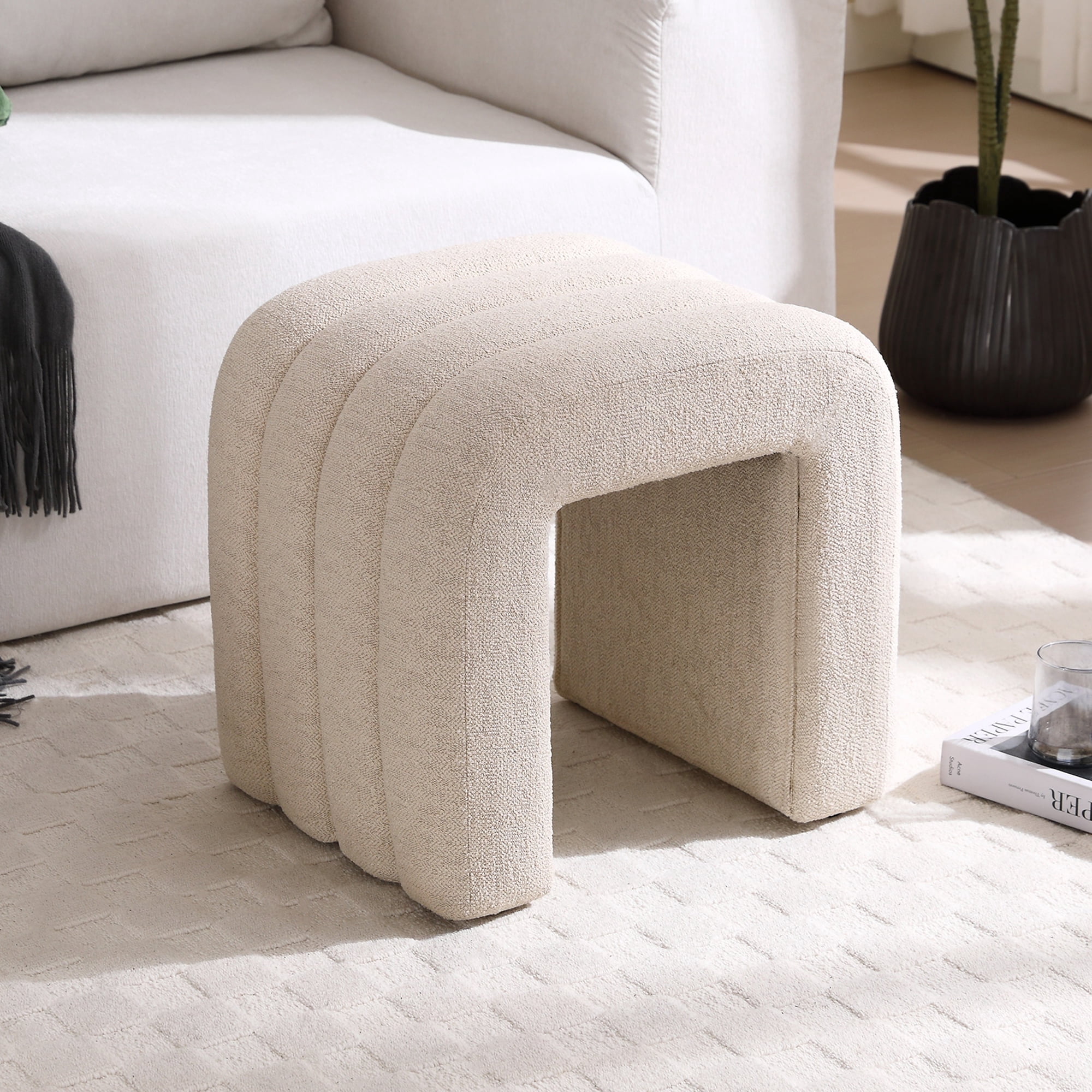 Zesthouse Multi-Functional Ottoman Stool, Tufted Linen Foot Stools Ottoman for Couch, Modern Vanity Stool for Living Room, Bedroom and Entryway, Beige