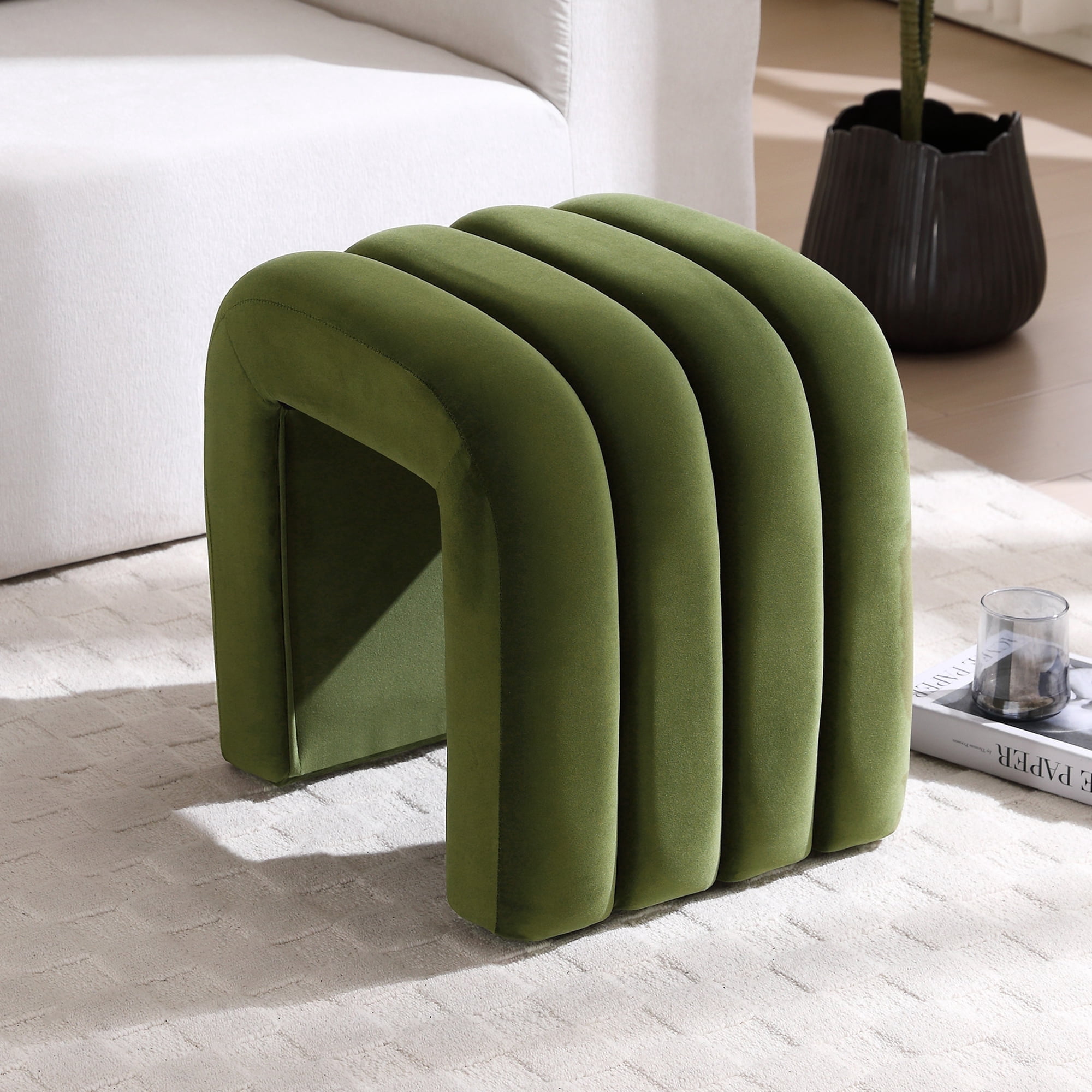 Zesthouse Multi-Functional Ottoman Stool, Tufted Velvet Foot Stools Ottoman for Couch, Modern Vanity Stool for Living Room, Bedroom and Entryway, Green