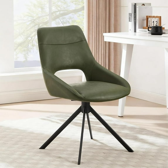 Zesthouse Modern Desk Chair No Wheels, Swivel Vanity Chair with Hollow Back, Armless Home Office Chair for Girls Women, Green Faux Leather Computer Task Chair for Bedroom
