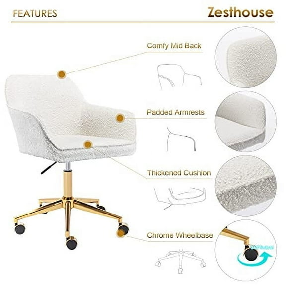 Zesthouse Modern Desk Chair with Wheels, White Swivel Vanity Chair for Girls Women, Upholstered Home Office Chair Boucle Armchair for Bedroom, Height Adjustable Computer Task Chair