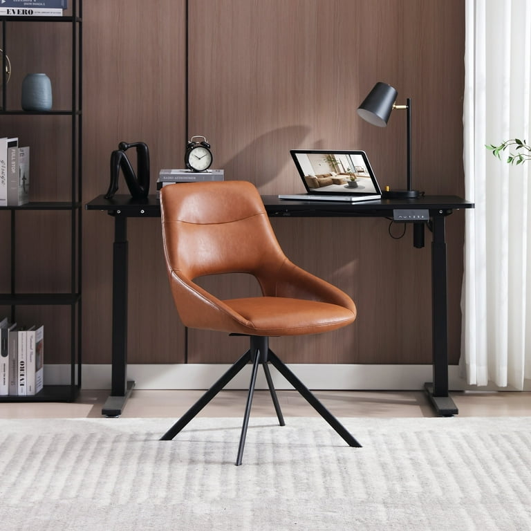 Ergonomic Chair With Tan Desk Chair No Wheels PU Leather