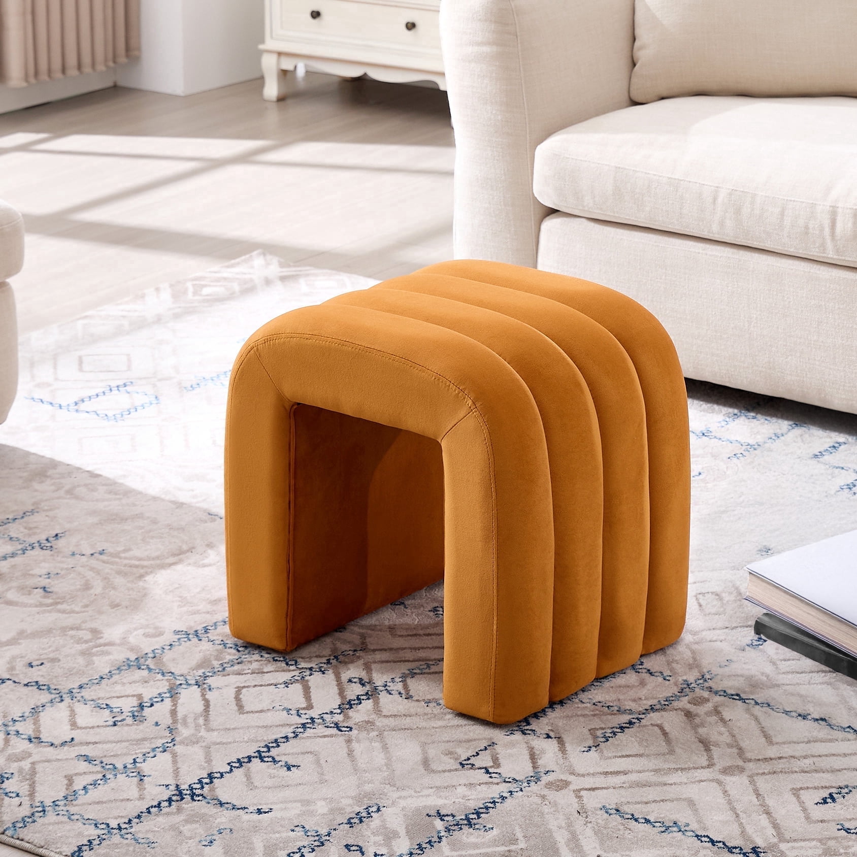 Zesthouse Multi-Functional Ottoman Stool, Tufted Velvet Foot Stools Ottoman for Couch, Modern Vanity Stool for Living Room, Bedroom and Entryway, Orange