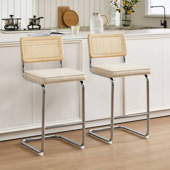 Zesthouse Rattan Bar Stools Set of 2, 25.6″ Linen Counter Height Chairs with Cane Back & Chrome Legs, Mid Century Cantilevered Design Barstools for Kitchen Island, Beige