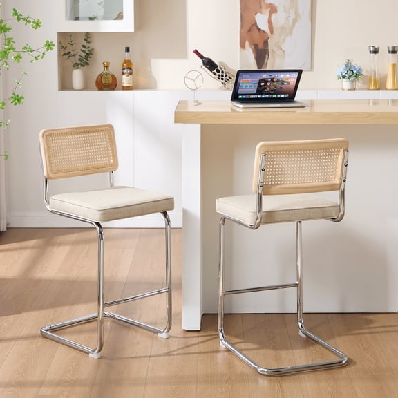 Zesthouse Rattan Bar Stools Set of 2, 26″ Linen Counter Height Chairs with Cane Back & Chrome Legs, Mid Century Cantilevered Design Barstools for Kitchen Island, Beige