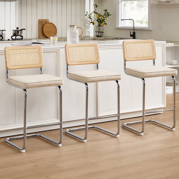 Zesthouse Rattan Bar Stools Set of 3, 25.6″ Linen Counter Height Chairs with Cane Back & Chrome Legs, Mid Century Cantilevered Design Barstools for Kitchen Island, Beige