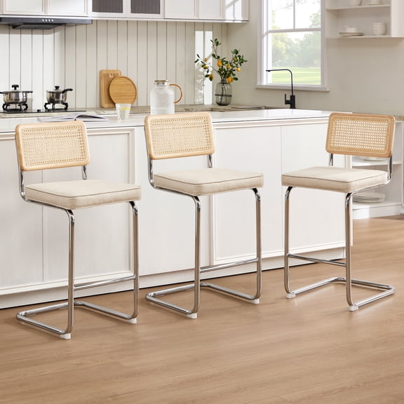 Zesthouse Rattan Bar Stools Set of 3, 26″ Linen Counter Height Chairs with Cane Back & Chrome Legs, Mid Century Cantilevered Design Barstools for Kitchen Island, Beige