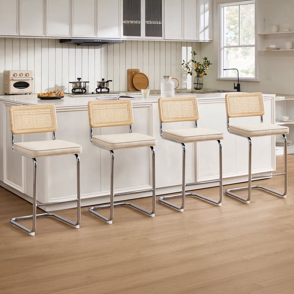 Zesthouse Rattan Bar Stools Set of 4, 26″ Linen Counter Height Chairs with Cane Back & Chrome Legs, Mid Century Cantilevered Design Barstools for Kitchen Island, Beige