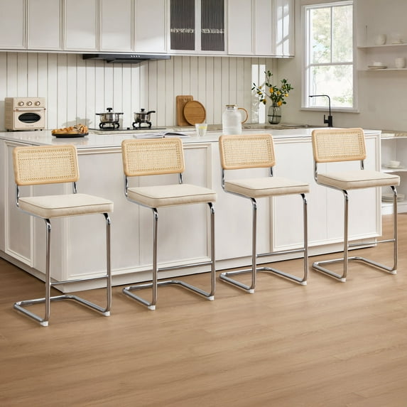 Zesthouse Rattan Bar Stools Set of 4, 25.6″ Linen Counter Height Chairs with Cane Back & Chrome Legs, Mid Century Cantilevered Design Barstools for Kitchen Island, Beige
