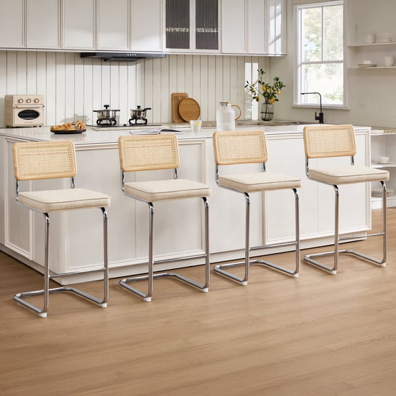 Zesthouse Rattan Bar Stools Set of 4, 25.6″ Linen Counter Height Chairs with Cane Back & Chrome Legs, Mid Century Cantilevered Design Barstools for Kitchen Island, Beige