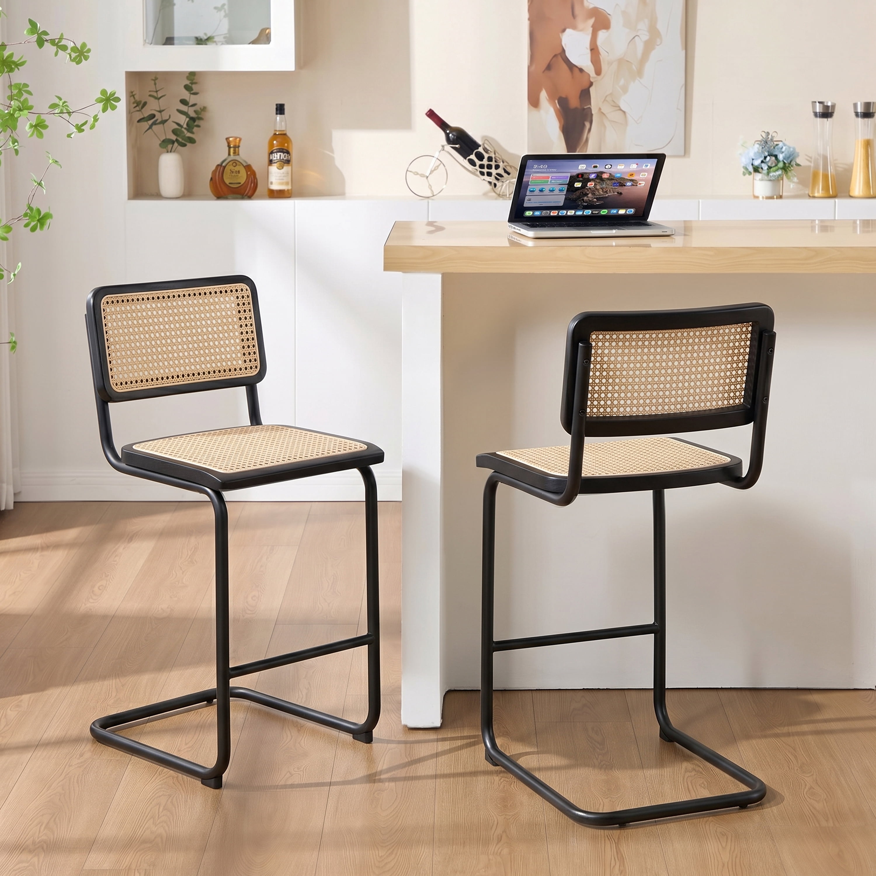 Zesthouse Rattan Counter Height Bar Stools Set of 2, 24.8" Counter Height Chairs with Cane Back, Mid Century Modern Barstools for Kitchen Island, Black