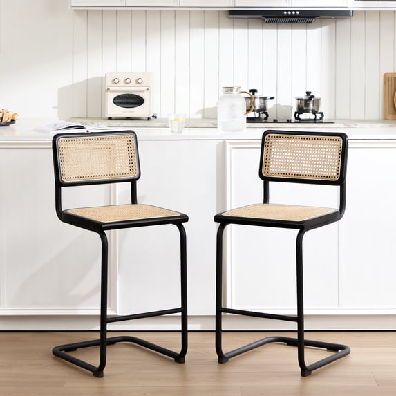 Zesthouse Rattan Counter Height Bar Stools Set of 2, 24.8" Counter Height Chairs with Cane Back, Mid Century Modern Barstools for Kitchen Island, Black