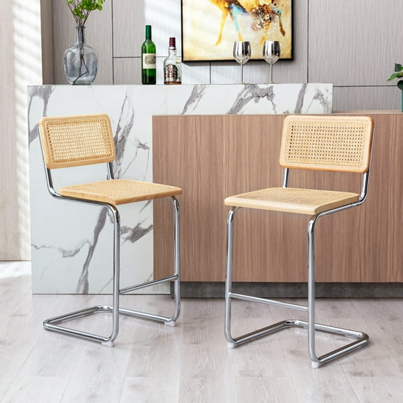 Zesthouse Rattan Counter Height Bar Stools Set of 2, 24.3" Counter Height Chairs with Cane Back, Mid Century Modern Barstools for Kitchen Island, Natural