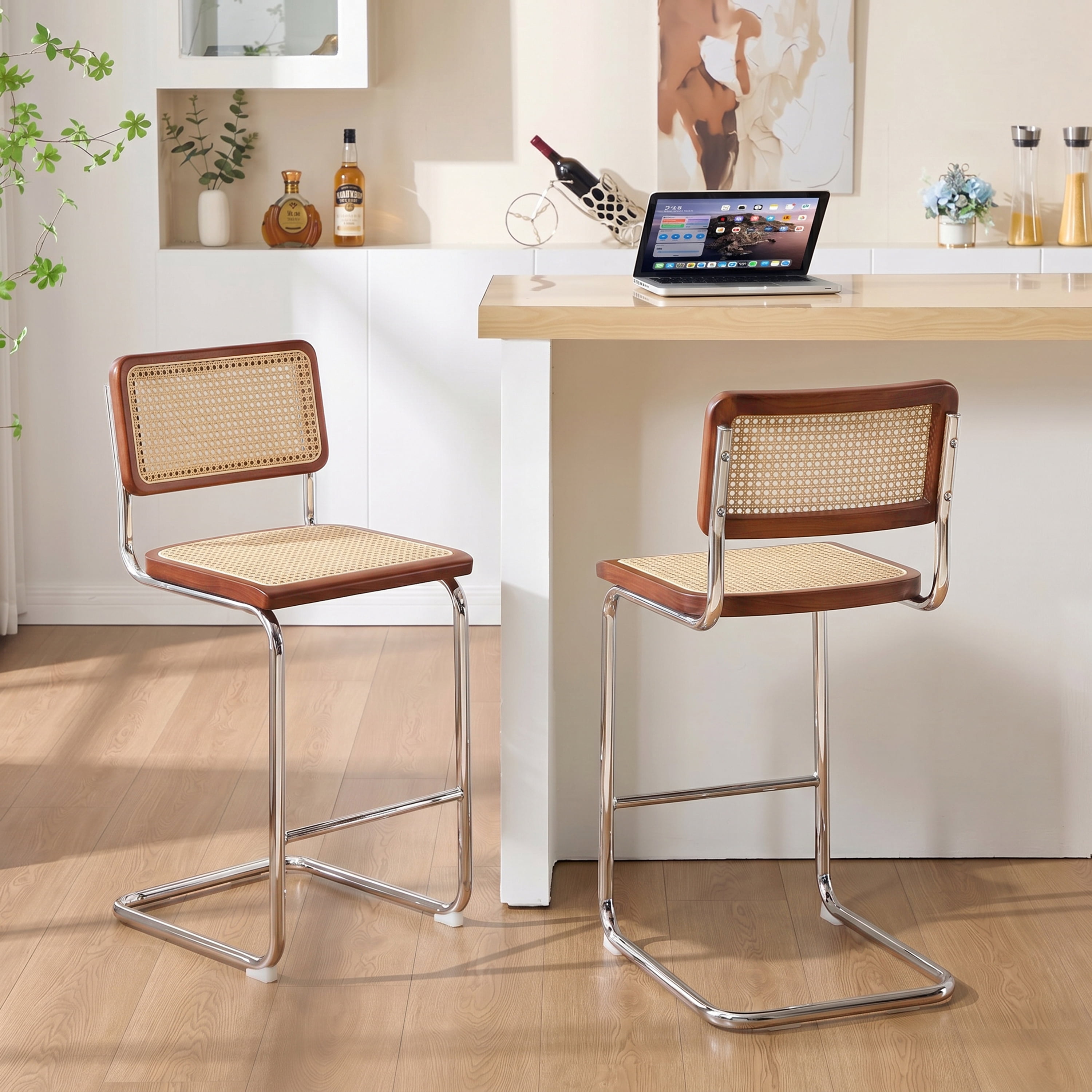 Zesthouse Rattan Counter Height Bar Stools Set of 2, 24.8" Counter Height Chairs with Cane Back, Mid Century Modern Barstools for Kitchen Island, Walnut Tone