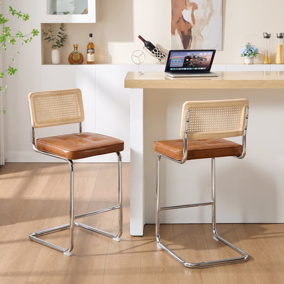 Zesthouse Rattan Counter Height Bar Stools Set of 2, 26″ Faux Leather Counter Height Barstool with Cane Back, Mid Century Modern Bar Chairs for Kitchen Island, Brown