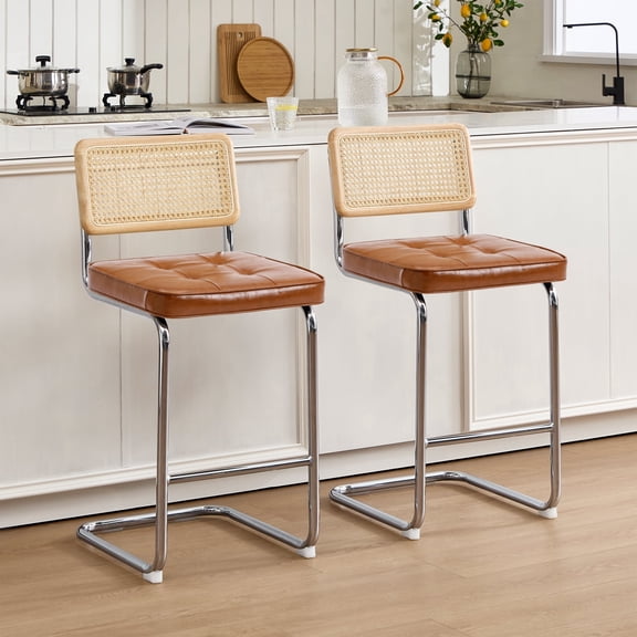 Zesthouse Rattan Counter Height Bar Stools Set of 2, 26″ Faux Leather Counter Height Barstool with Cane Back, Mid Century Modern Bar Chairs for Kitchen Island, Brown