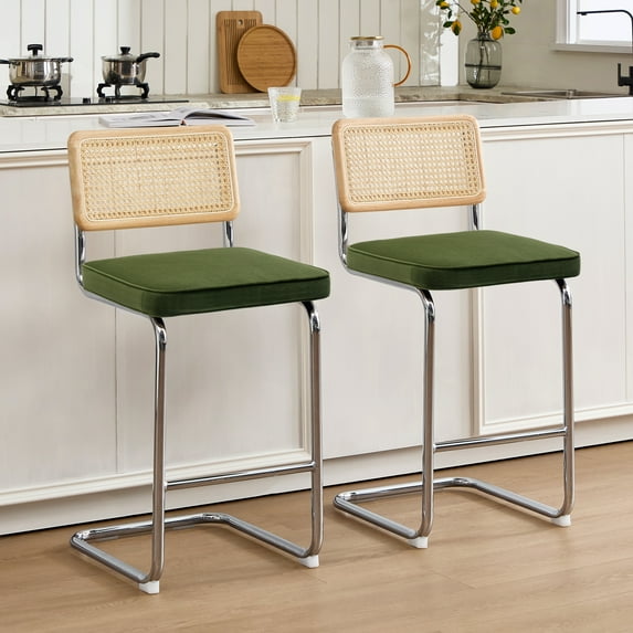Zesthouse Rattan Bar Stools Set of 2, 25.6″ Velvet Counter Height Chairs with Cane Back & Chrome Legs, Mid Century Cantilevered Design Barstools for Kitchen Island, Green