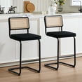 thumbnail image 1 of Zesthouse Rattan Bar Stools Set of 2, 25.6″ Velvet Counter Height Chairs with Cane Back & Metal Legs, Mid Century Cantilevered Design Barstools for Kitchen Island, Black, 1 of 10