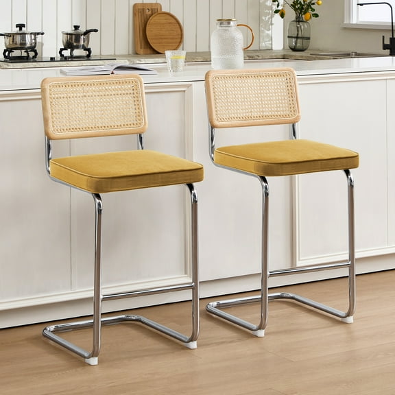 Zesthouse Rattan Bar Stools Set of 2, 25.6″ Linen Counter Height Chairs with Cane Back & Chrome Legs, Mid Century Cantilevered Design Barstools for Kitchen Island, Yellow