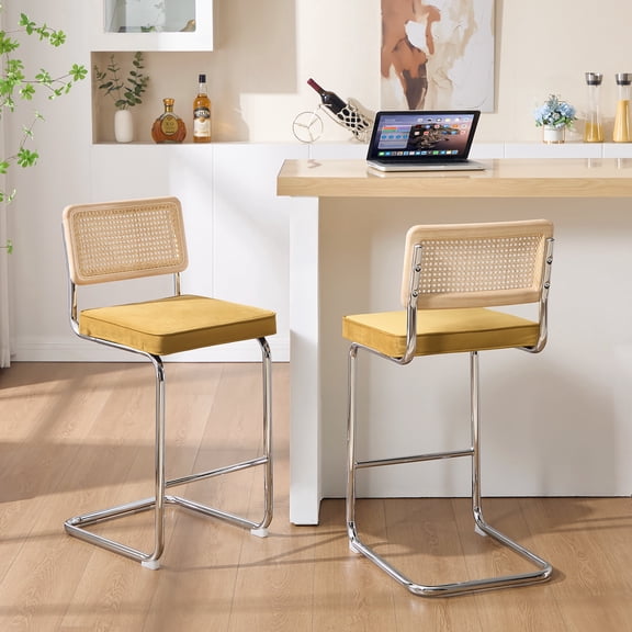 Zesthouse Rattan Bar Stools Set of 2, 26″ Linen Counter Height Chairs with Cane Back & Chrome Legs, Mid Century Cantilevered Design Barstools for Kitchen Island, Yellow