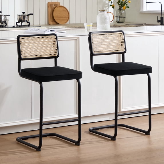 Zesthouse Rattan Bar Stools Set of 2, 26″ Velvet Counter Height Chairs with Cane Back & Metal Legs, Mid Century Cantilevered Design Barstools for Kitchen Island, Black