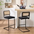 thumbnail image 1 of Zesthouse Rattan Bar Stools Set of 2, 26″ Velvet Counter Height Chairs with Cane Back & Metal Legs, Mid Century Cantilevered Design Barstools for Kitchen Island, Black, 1 of 10