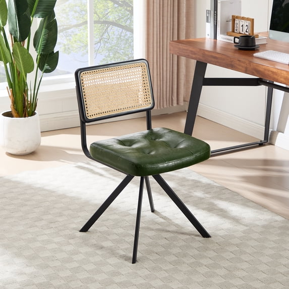 Zesthouse Rattan Desk Chair, Mid Century Modern Home Office Chair with Cane Back, Vintage Faux Leather Swivel Accent Chair, Upholstered Armless Computer Task Chair No Wheels, Green